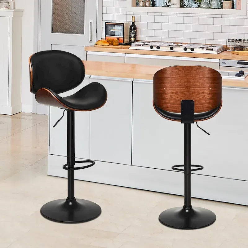 Sgabello da Bar in Legno Curvato Regolabile Girevole in PU in Stile Mid-Century