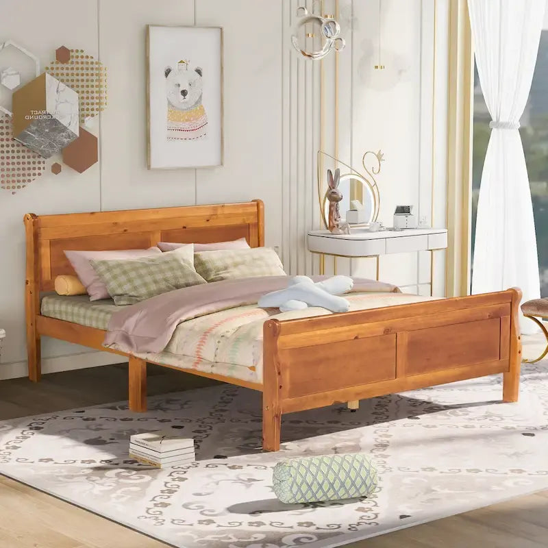 Letto a piattaforma matrimoniale in legno con testiera e supporto a doghe in legno
