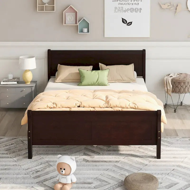 Letto a piattaforma matrimoniale in legno con testiera e supporto a doghe in legno