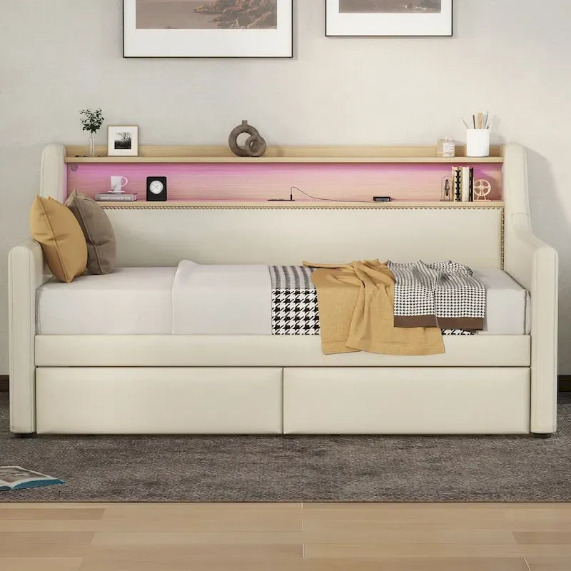 Letto da giorno in pelle PU singolo con cassetti portaoggetti e illuminazione a LED