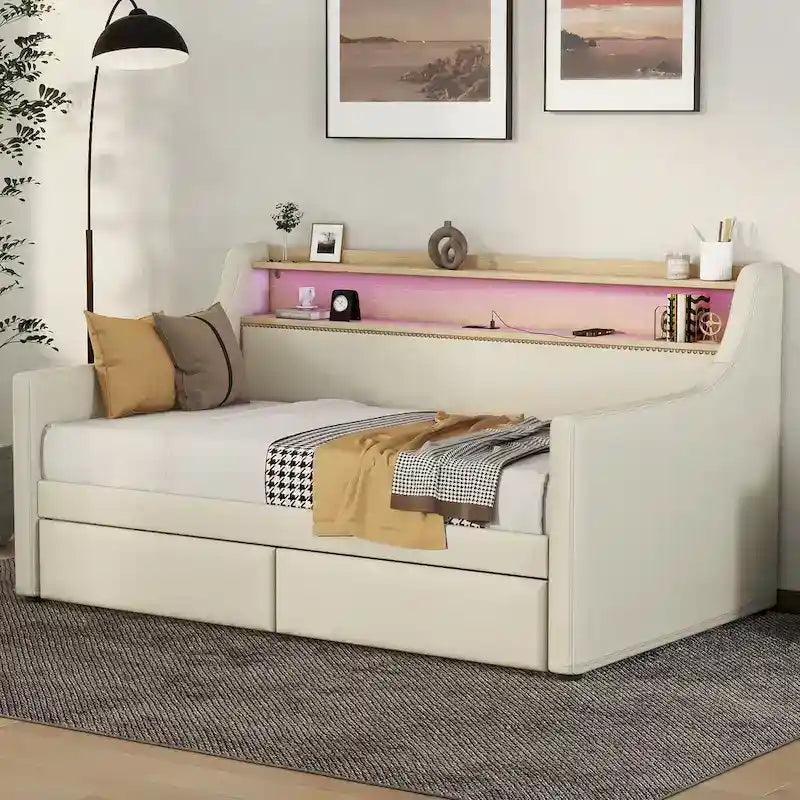 Letto da giorno in pelle PU singolo con cassetti portaoggetti e illuminazione a LED