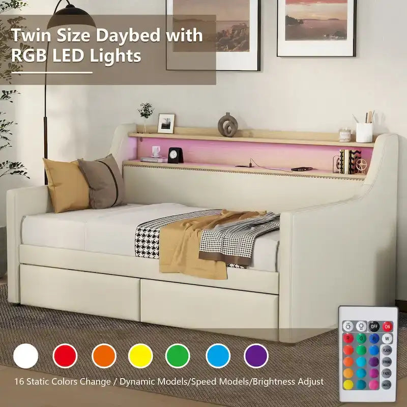 Letto da giorno in pelle PU singolo con cassetti portaoggetti e illuminazione a LED
