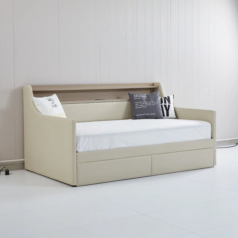 Letto da giorno in pelle PU singolo con cassetti portaoggetti e illuminazione a LED