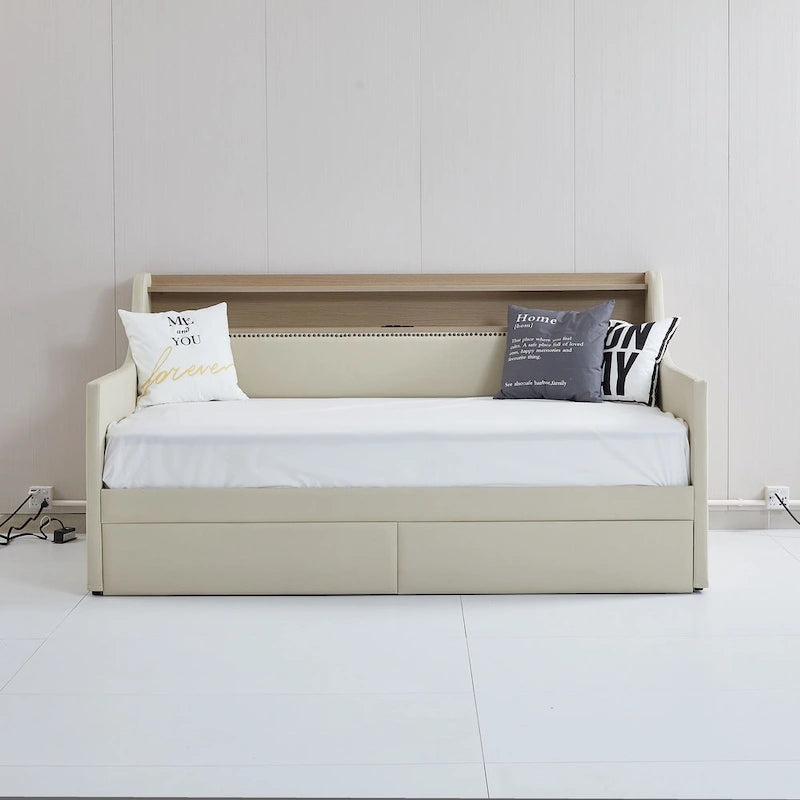 Letto da giorno in pelle PU singolo con cassetti portaoggetti e illuminazione a LED