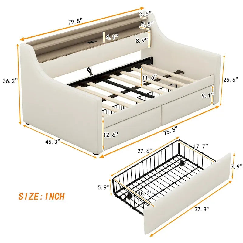 Letto da giorno in pelle PU singolo con cassetti portaoggetti e illuminazione a LED
