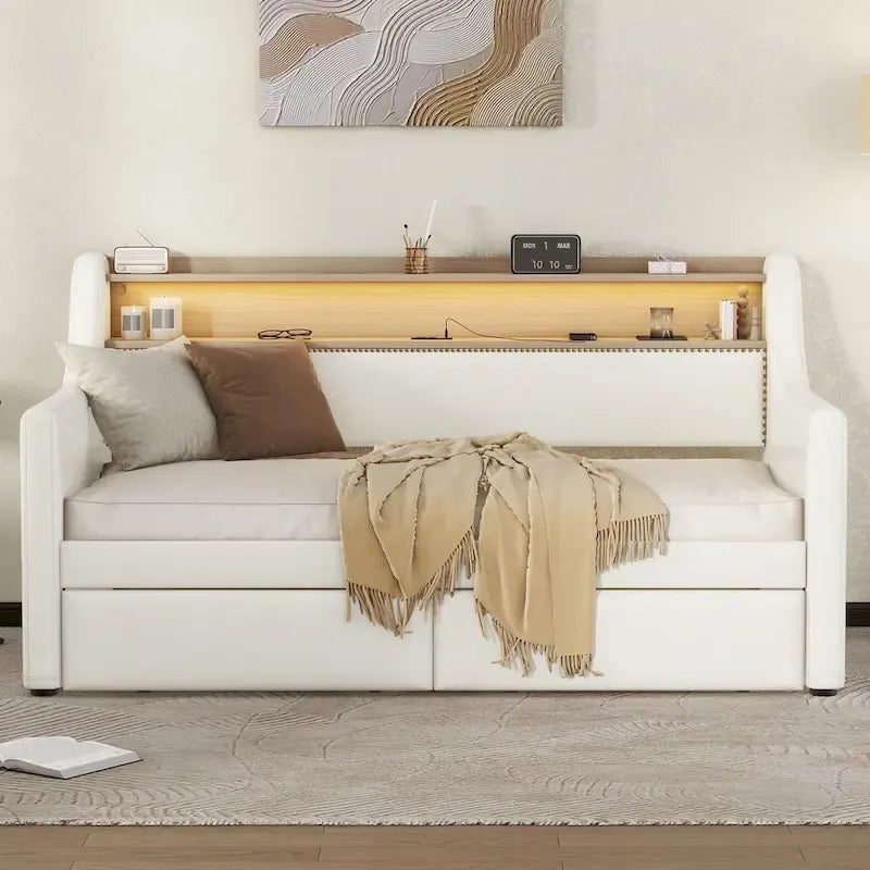 Letto da giorno in pelle PU singolo con cassetti portaoggetti e illuminazione a LED