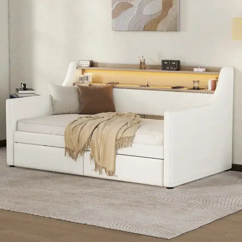 Letto da giorno in pelle PU singolo con cassetti portaoggetti e illuminazione a LED