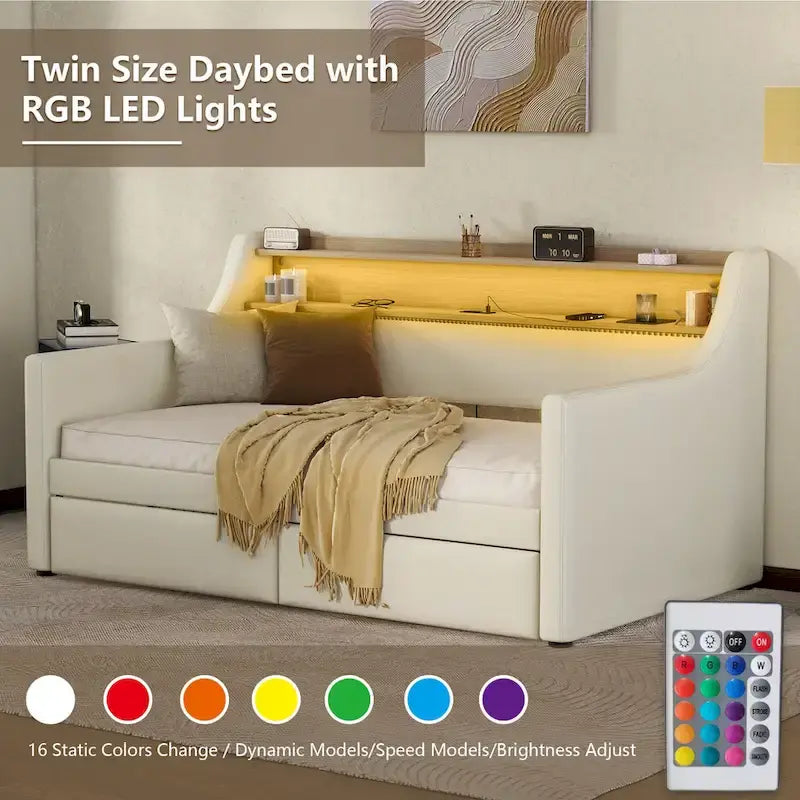 Letto da giorno in pelle PU singolo con cassetti portaoggetti e illuminazione a LED