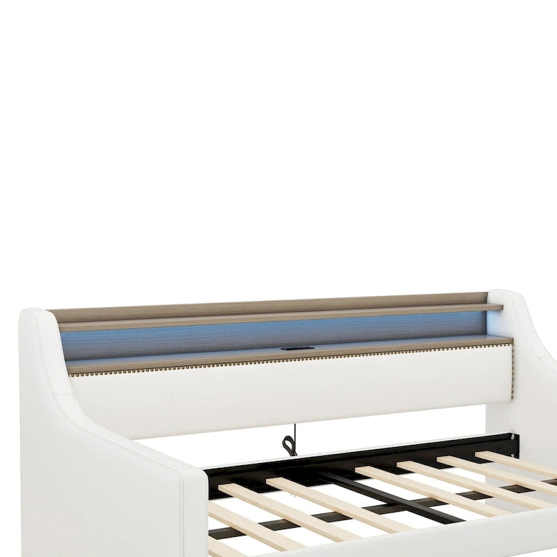 Letto da giorno in pelle PU singolo con cassetti portaoggetti e illuminazione a LED