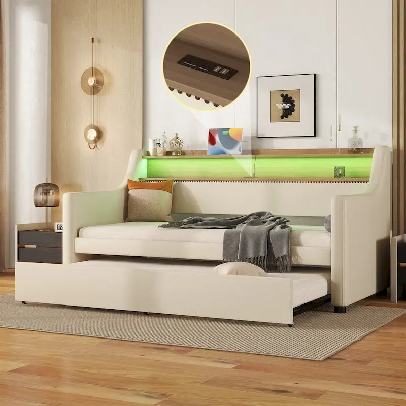 Twin Size Upholstered Daybed with Trundle and LED