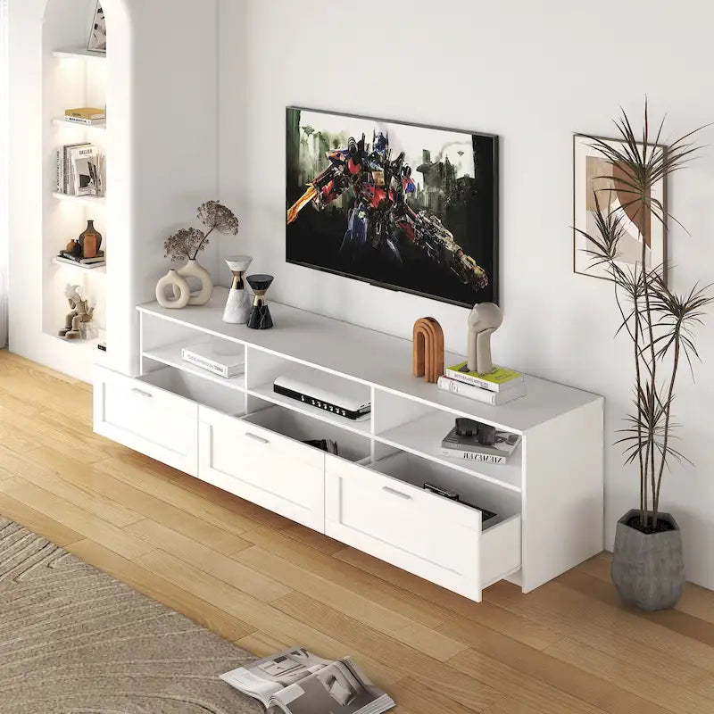Mobile TV bianco da 70" con ripiani aperti e cassetti