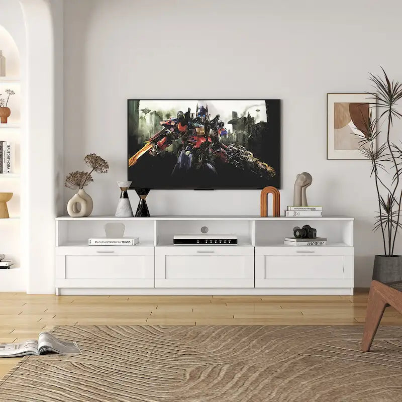 Mobile TV bianco da 70" con ripiani aperti e cassetti