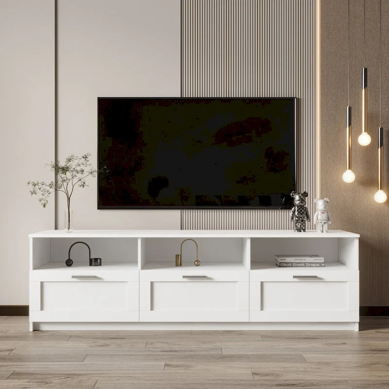 Mobile TV bianco da 70" con ripiani aperti e cassetti
