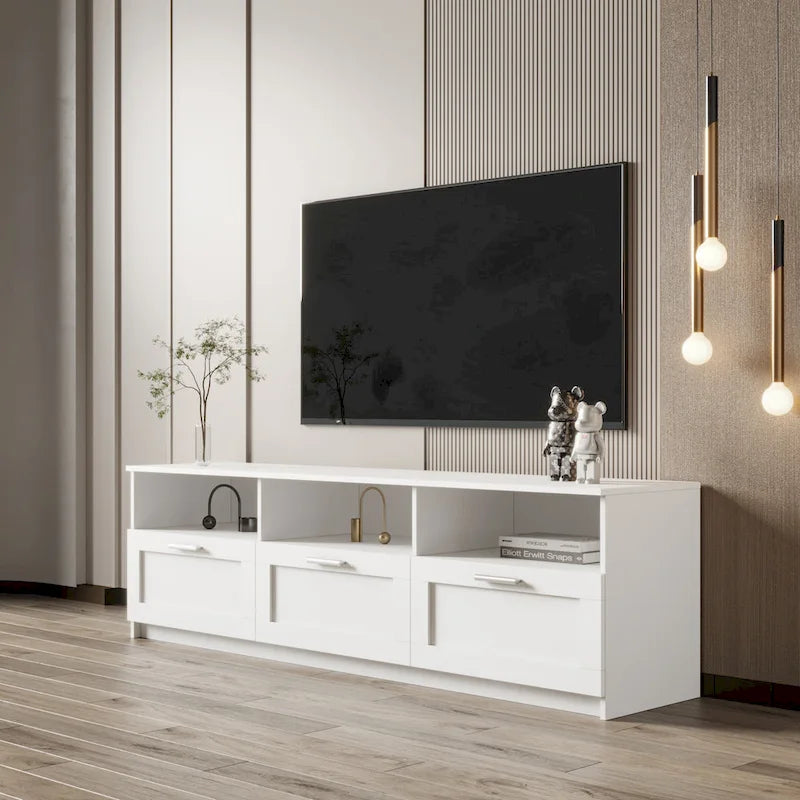 Mobile TV bianco da 70" con ripiani aperti e cassetti