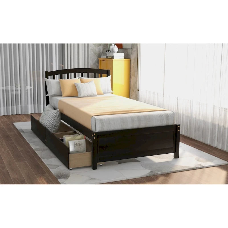 Letto a piattaforma in legno a una piazza e mezza con due cassetti e testiera