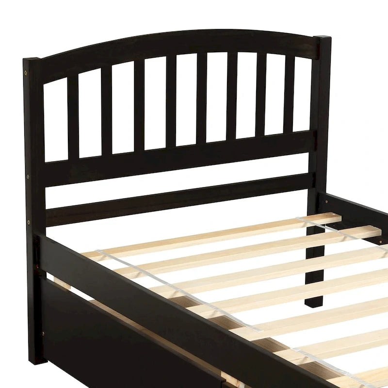 Letto a piattaforma in legno a una piazza e mezza con due cassetti e testiera