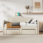Letto a giorno imbottito singolo con rotelle, 2 cassetti portaoggetti e porte USB, Beige