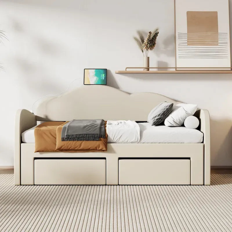 Letto a giorno imbottito singolo con rotelle, 2 cassetti portaoggetti e porte USB, Beige