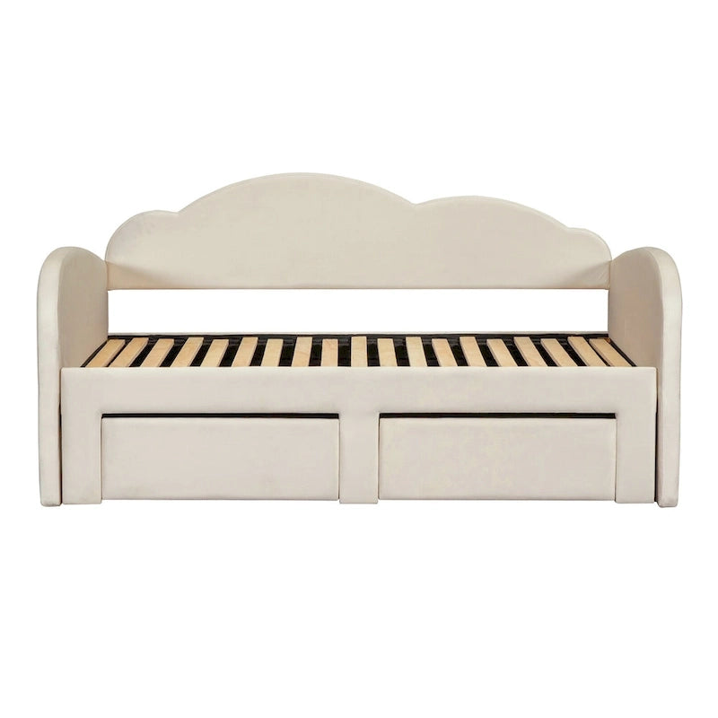 Letto a giorno imbottito singolo con rotelle, 2 cassetti portaoggetti e porte USB, Beige