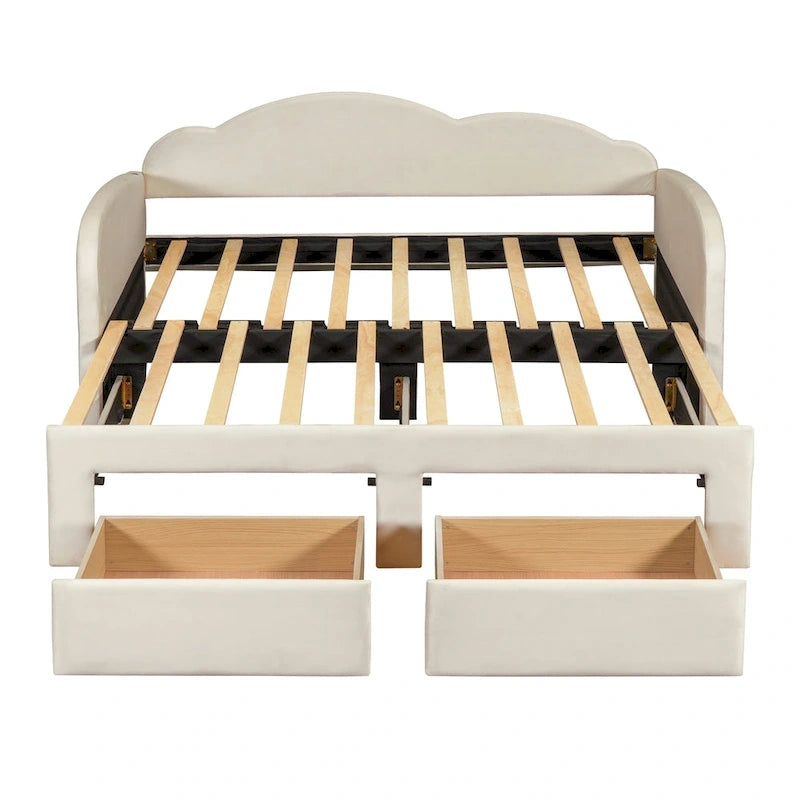 Letto a giorno imbottito singolo con rotelle, 2 cassetti portaoggetti e porte USB, Beige