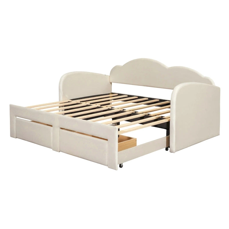 Letto a giorno imbottito singolo con rotelle, 2 cassetti portaoggetti e porte USB, Beige