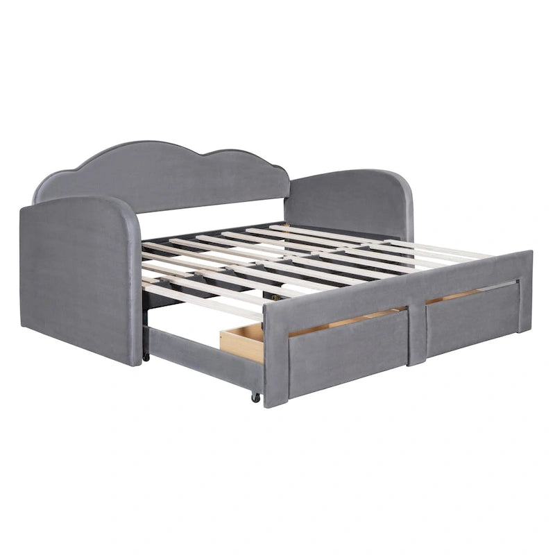 Letto a giorno imbottito singolo con rotelle, 2 cassetti portaoggetti e porte USB, Beige