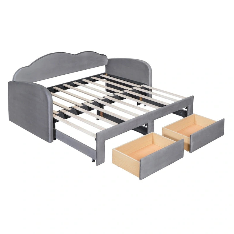 Letto a giorno imbottito singolo con rotelle, 2 cassetti portaoggetti e porte USB, Beige