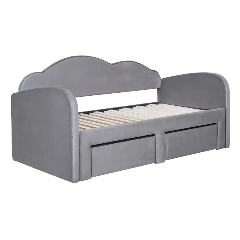 Letto a giorno imbottito singolo con rotelle, 2 cassetti portaoggetti e porte USB, Beige
