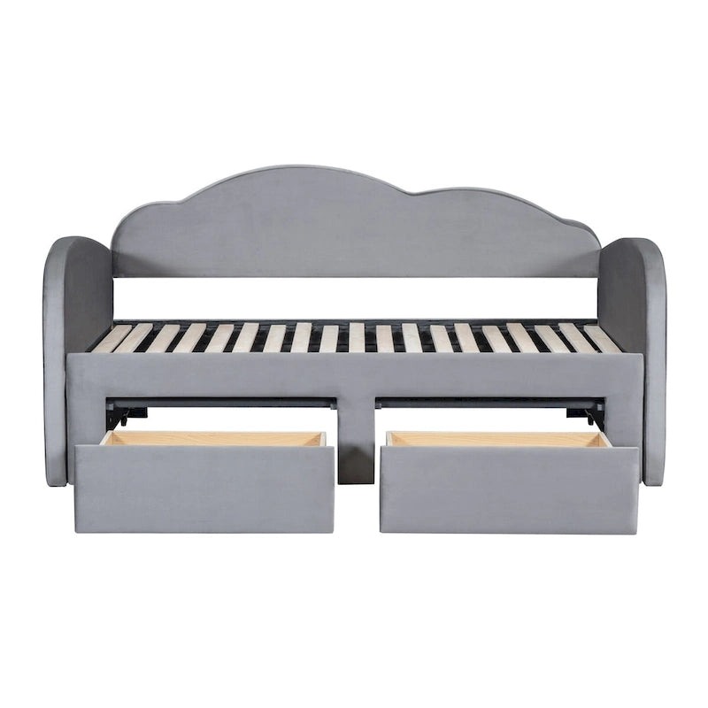 Letto a giorno imbottito singolo con rotelle, 2 cassetti portaoggetti e porte USB, Beige