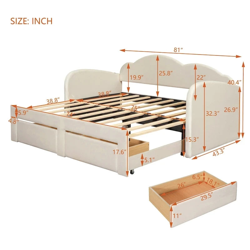 Letto a giorno imbottito singolo con rotelle, 2 cassetti portaoggetti e porte USB, Beige