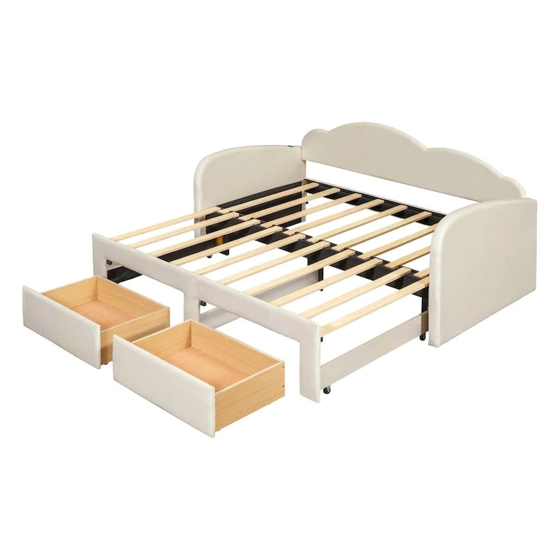 Letto a giorno imbottito singolo con rotelle, 2 cassetti portaoggetti e porte USB, Beige