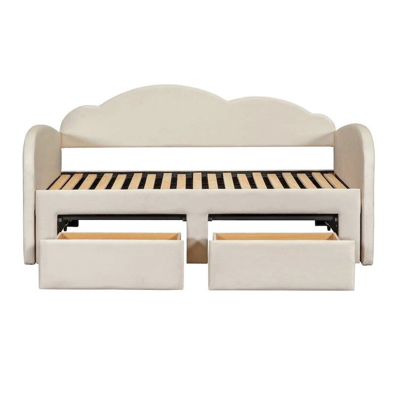 Letto a giorno imbottito singolo con rotelle, 2 cassetti portaoggetti e porte USB, Beige