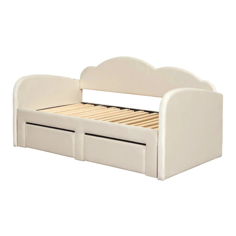 Letto a giorno imbottito singolo con rotelle, 2 cassetti portaoggetti e porte USB, Beige