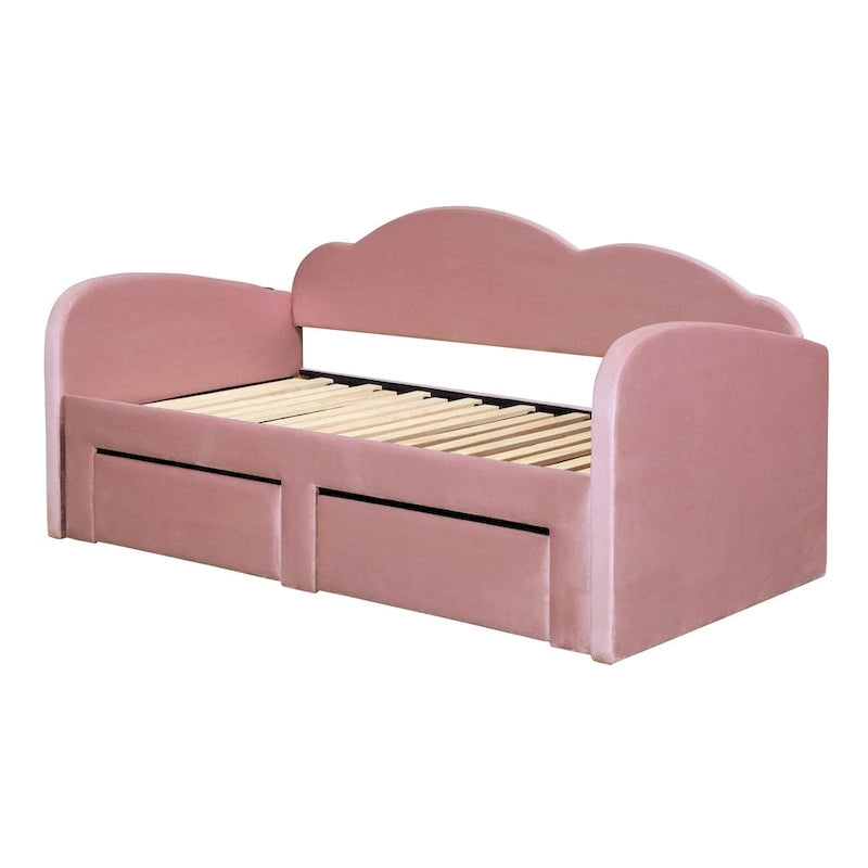 Letto a giorno imbottito singolo con rotelle, 2 cassetti portaoggetti e porte USB, Beige