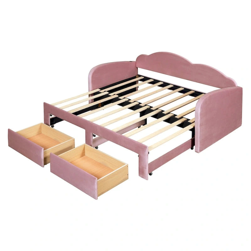 Letto a giorno imbottito singolo con rotelle, 2 cassetti portaoggetti e porte USB, Beige