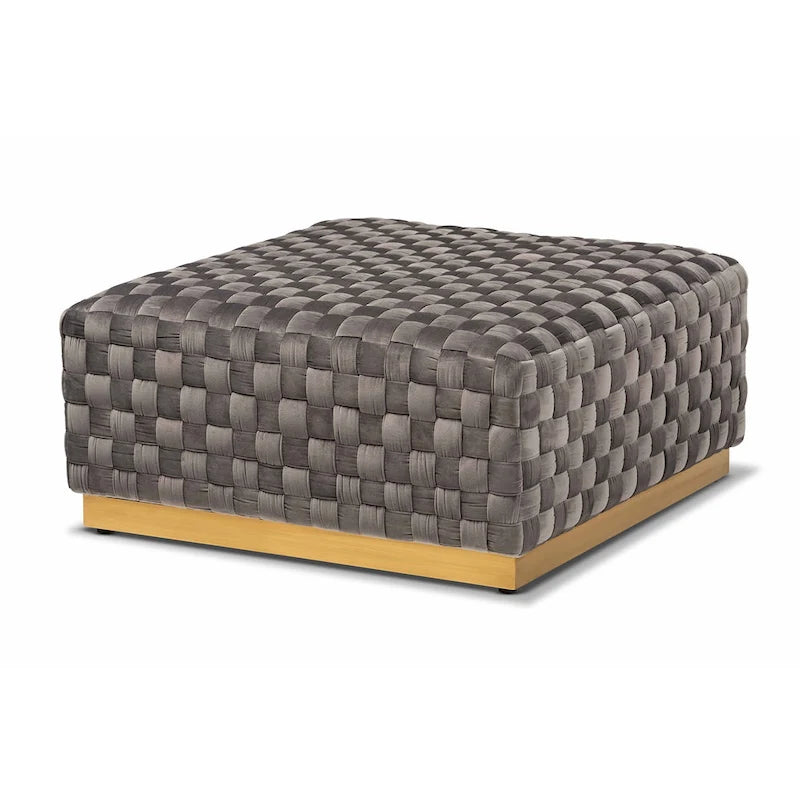 Pouf poggiapiedi quadrato in velluto con base in metallo dorato