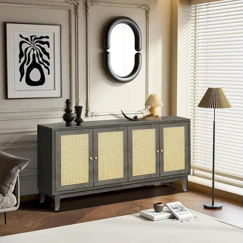 Credenza a buffet in rattan con 4 ante e ripiani regolabili