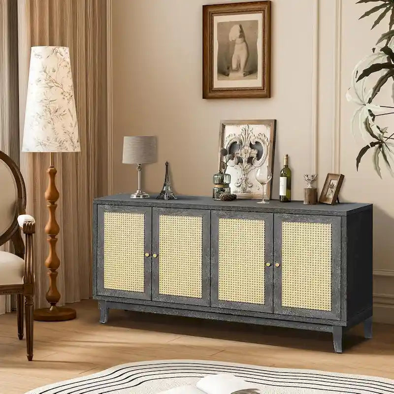 Credenza a buffet in rattan con 4 ante e ripiani regolabili