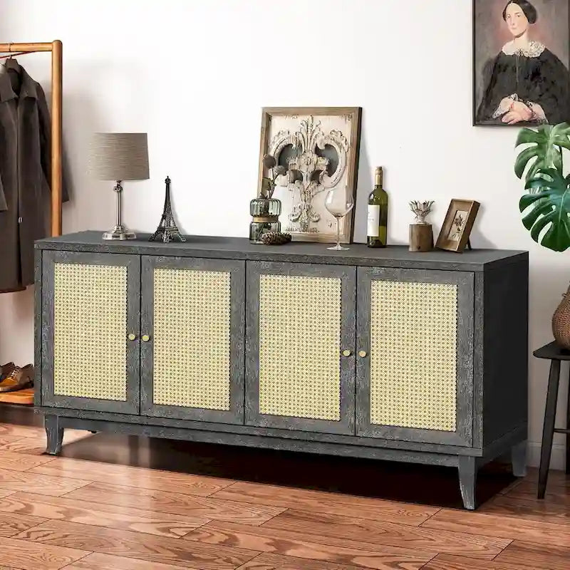 Credenza a buffet in rattan con 4 ante e ripiani regolabili