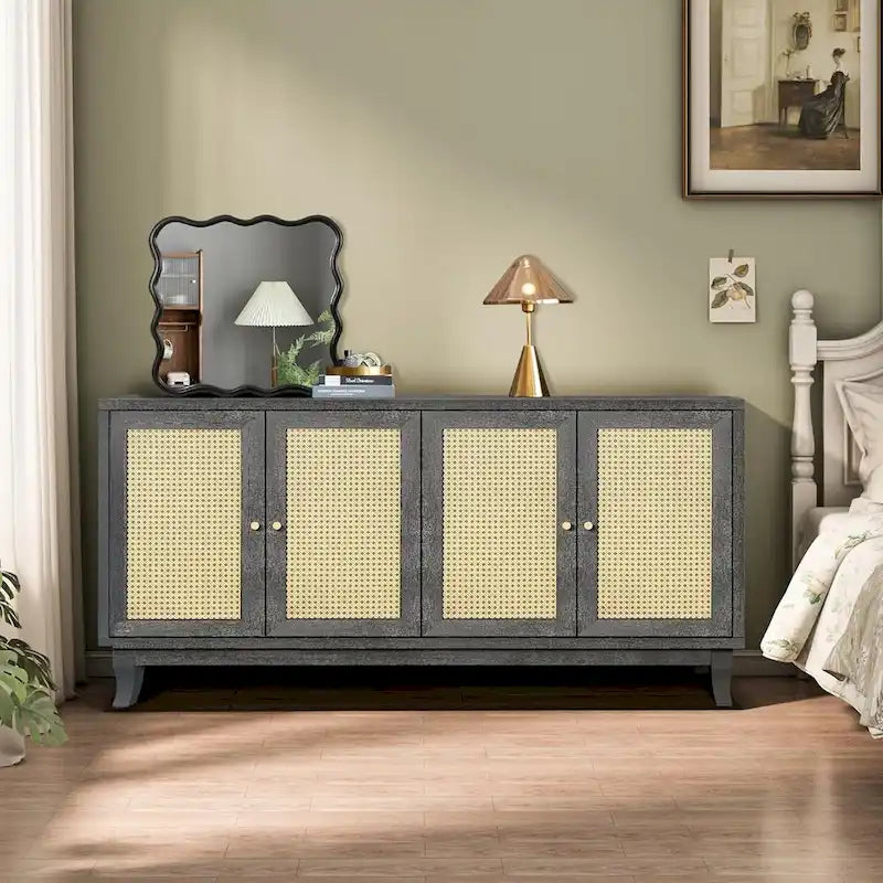 Credenza a buffet in rattan con 4 ante e ripiani regolabili