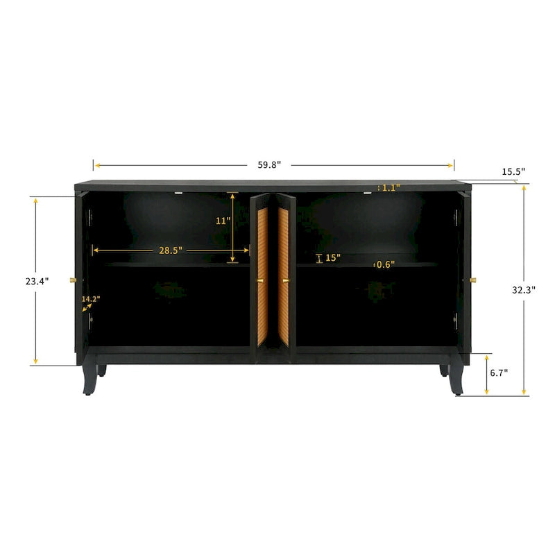 Credenza a buffet in rattan con 4 ante e ripiani regolabili