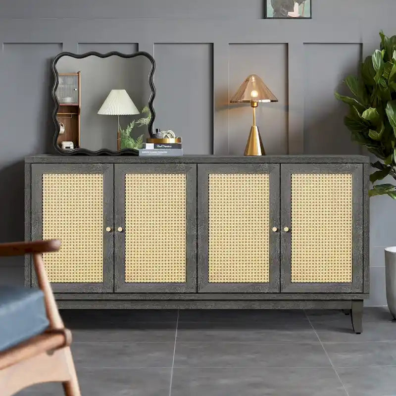 Credenza a buffet in rattan con 4 ante e ripiani regolabili