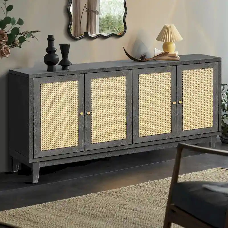 Credenza a buffet in rattan con 4 ante e ripiani regolabili