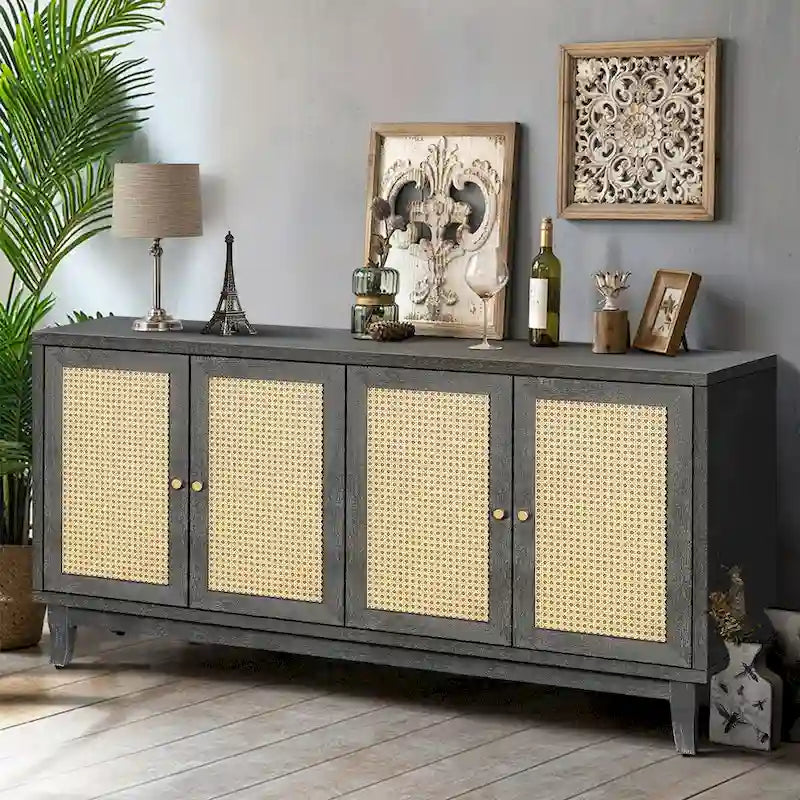 Credenza a buffet in rattan con 4 ante e ripiani regolabili
