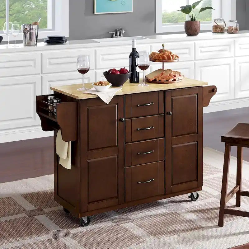 Carrello da cucina con piano in legno e contenitore