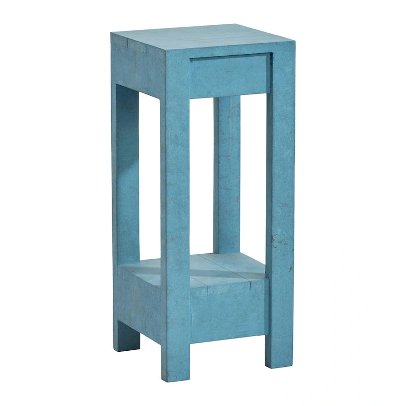 Tavolino in legno massello dipinto blu-verde con mensola