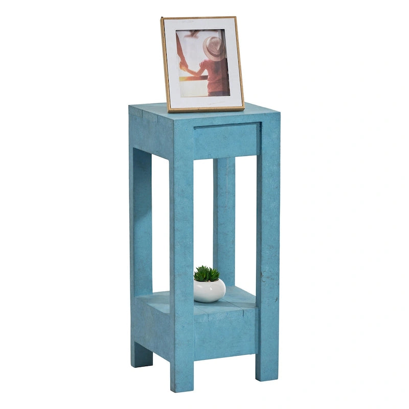 Tavolino in legno massello dipinto blu-verde con mensola