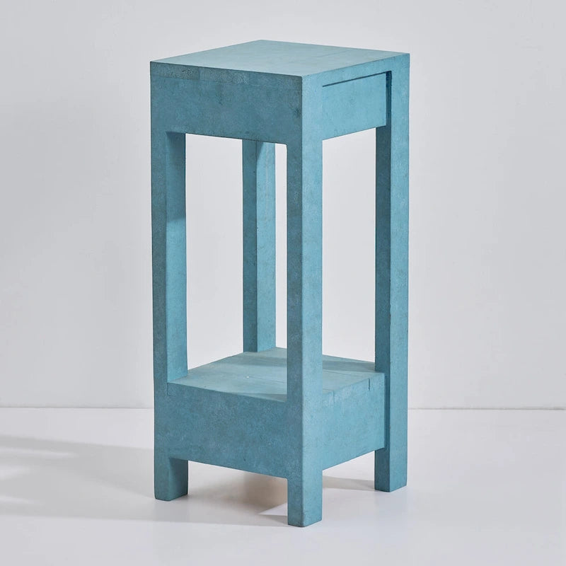 Tavolino in legno massello dipinto blu-verde con mensola