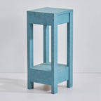 Tavolino in legno massello dipinto blu-verde con mensola