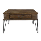 Tavolino quadrato da caffè di 81 cm con 2 cassetti, piano in legno marrone, gambe in metallo nero